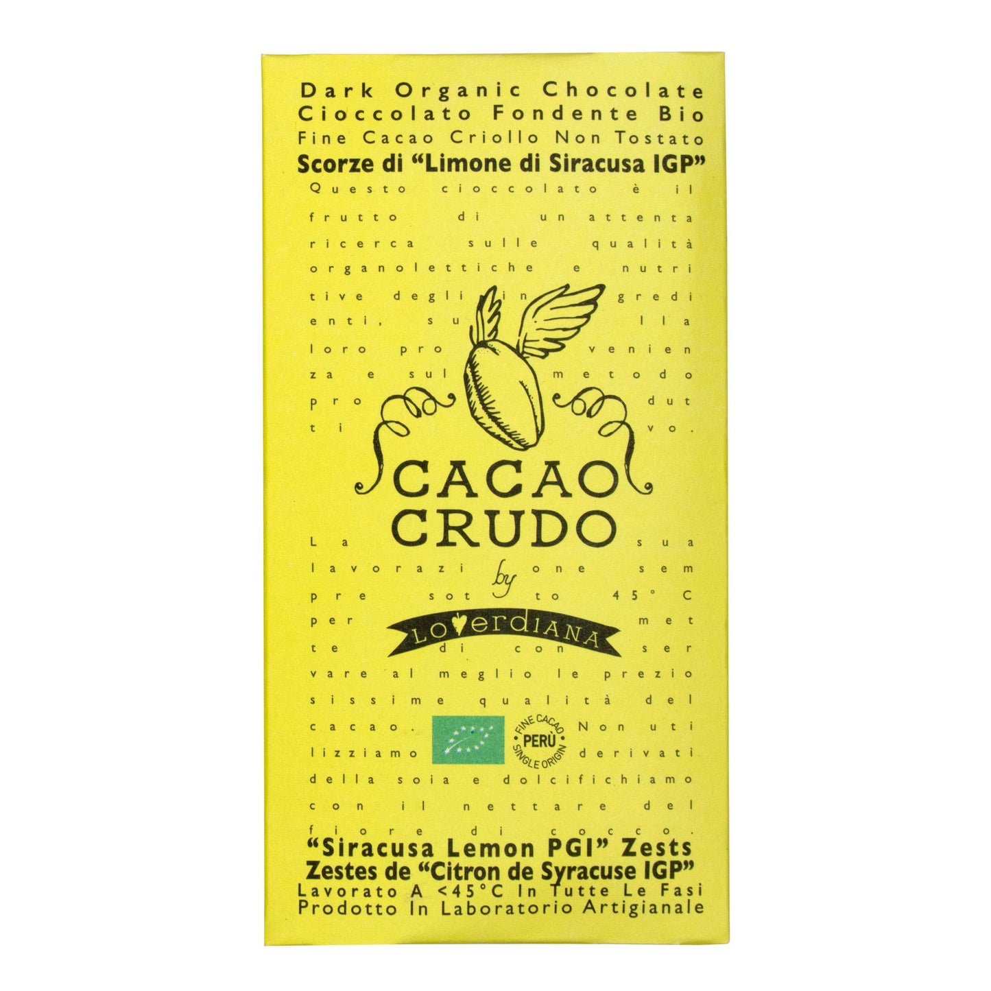 Cacao Crudo 77% Dark Raw Cacao Bar IGP Lemon Zest