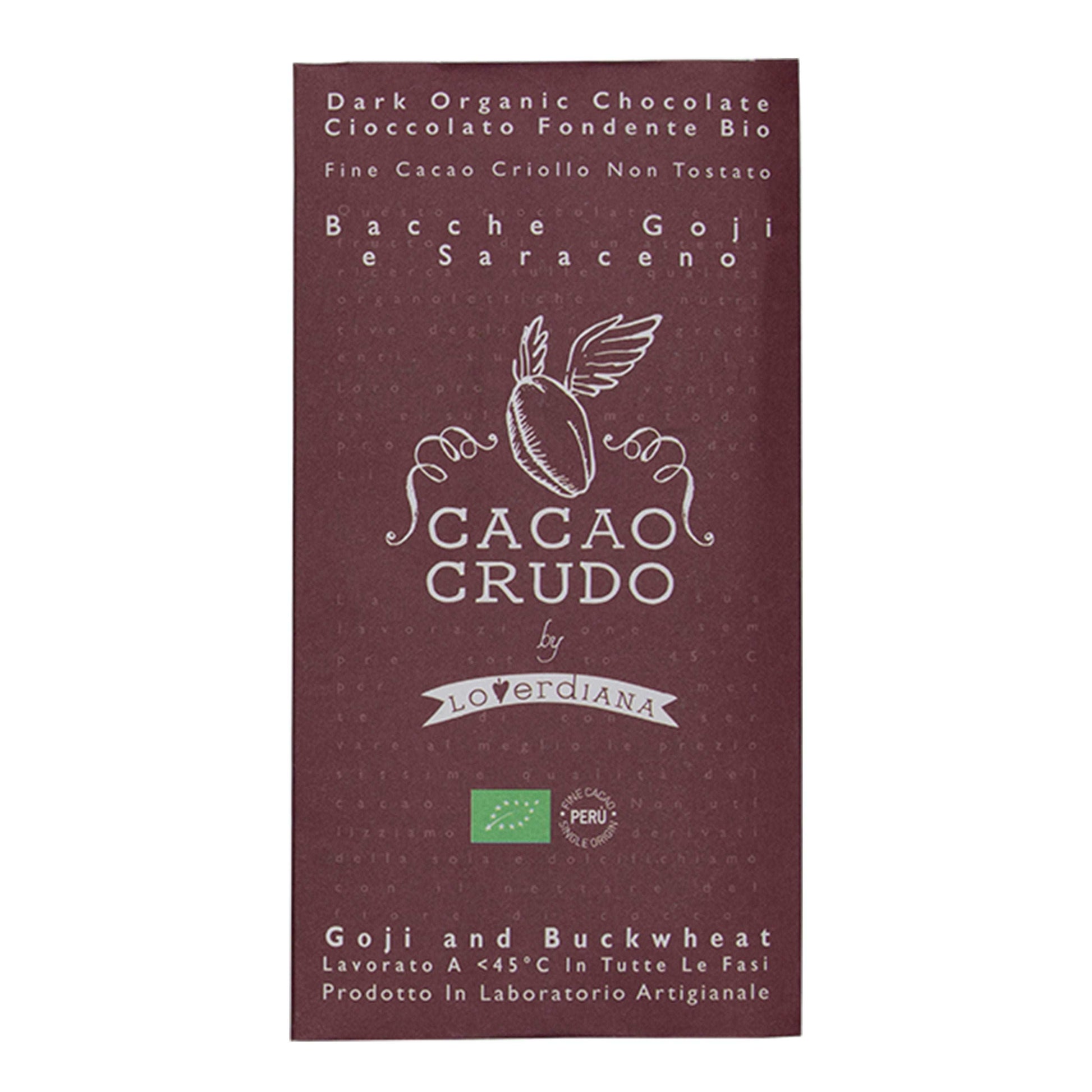 Cacao Crudo 63% Dark Raw Cacao Bar with Goji Berries and Buckwheat