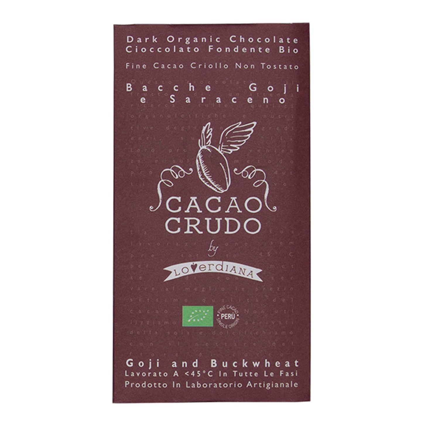 Cacao Crudo 63% Dark Raw Cacao Bar with Goji Berries and Buckwheat